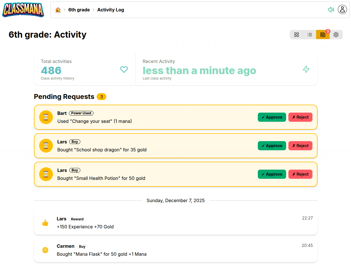 Stran aktivnosti s čakajočimi zahtevami