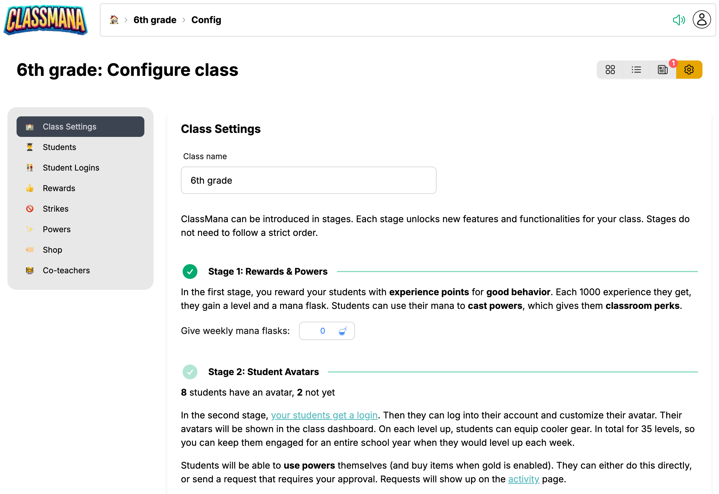 Zaslon nastavitev razreda