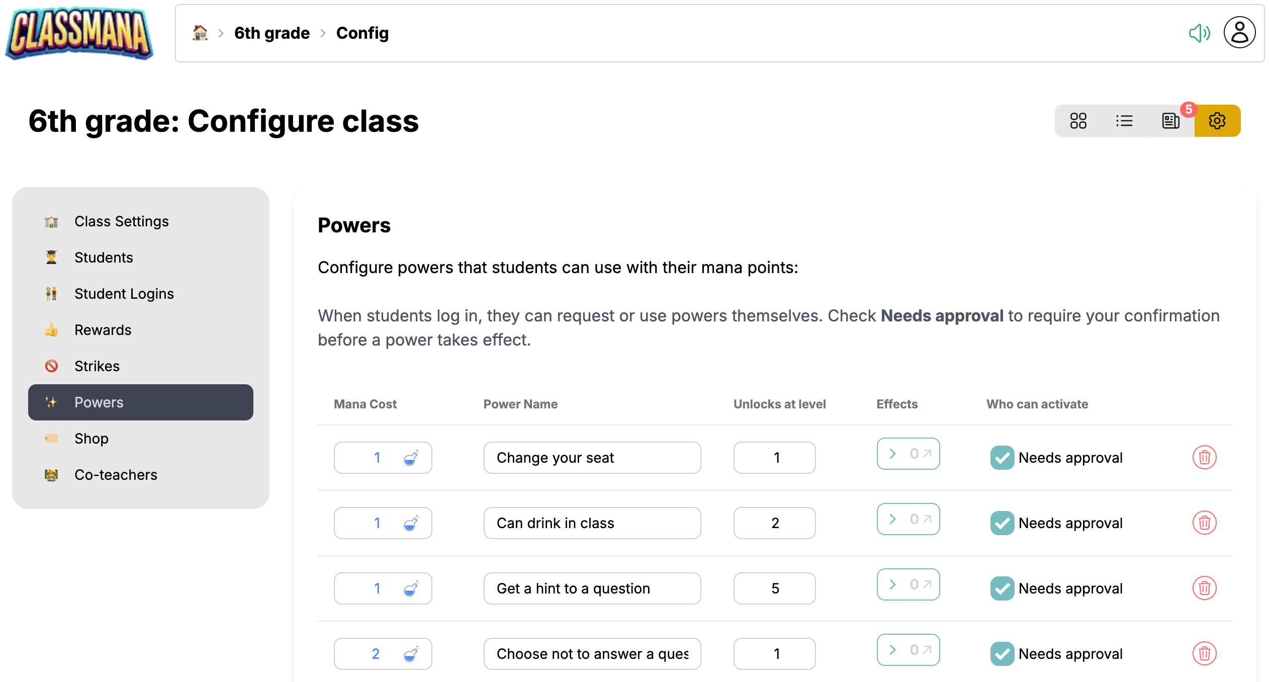 Nastavitve razreda Moči